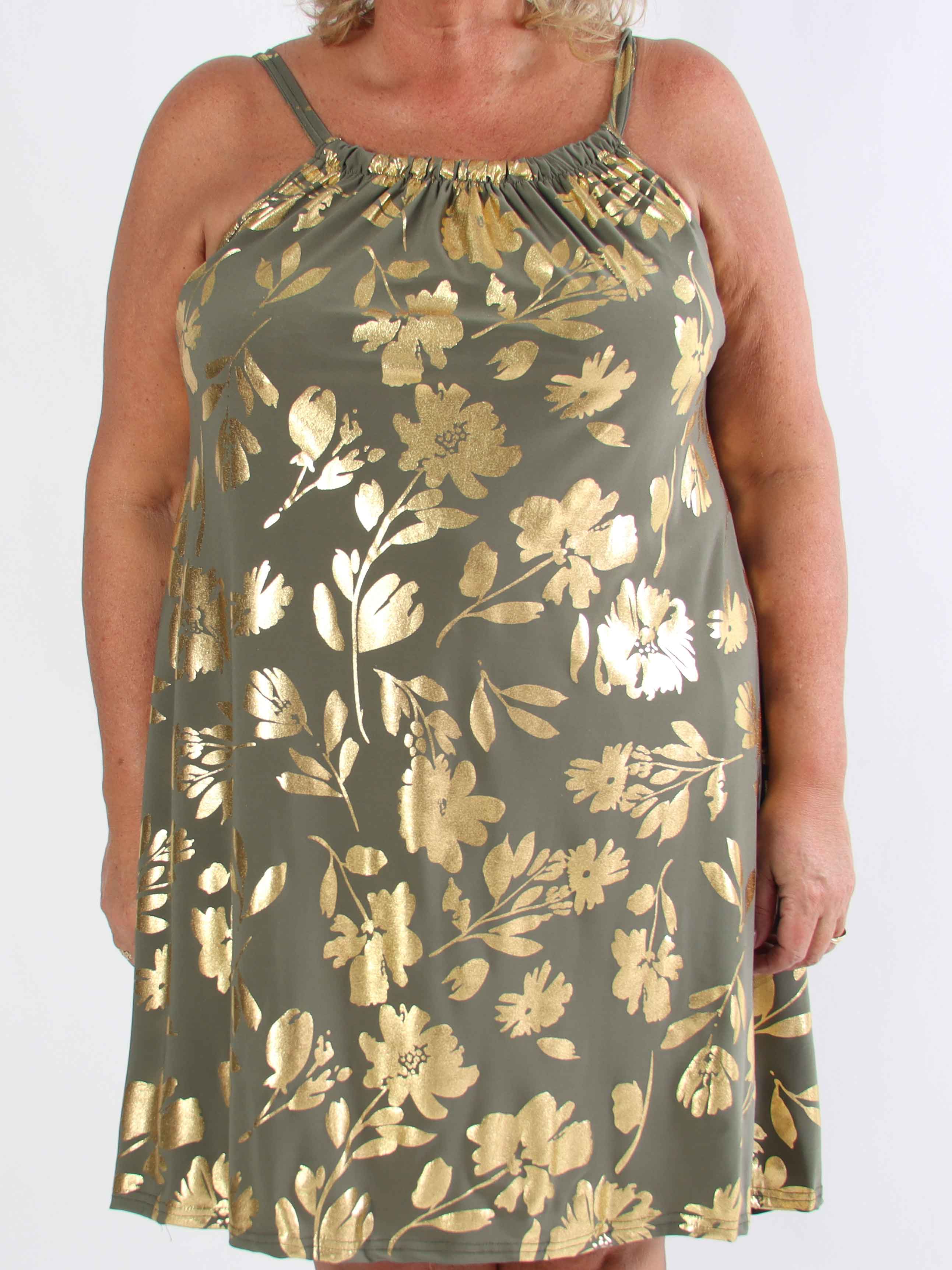 SunLove Gold Flower - Elastisk bandklänning i plusstorlek med stora guldblad